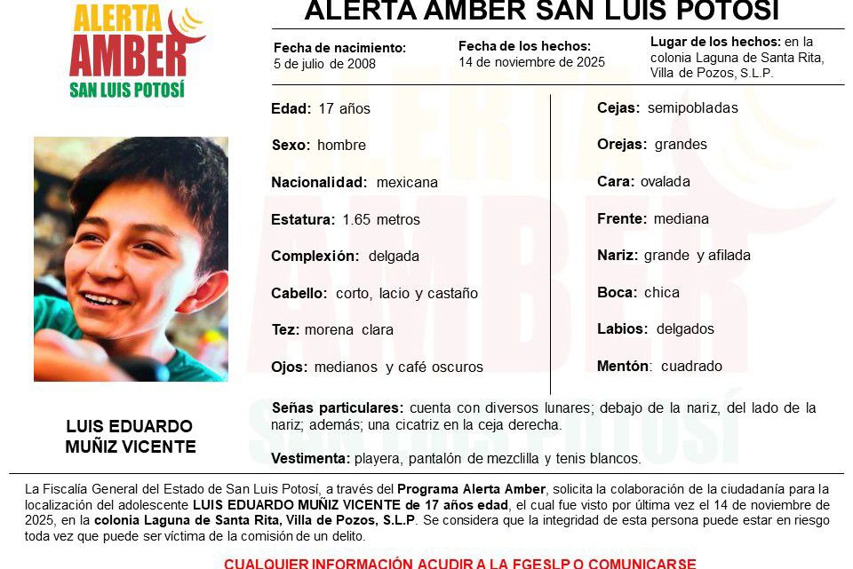 FISCALÍA DE SLP ACTIVÓ UNA ALERTA AMBER PARA LOCALIZAR A UN ADOLESCENTE DE 17 AÑOS