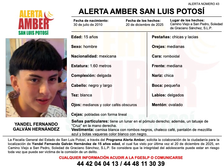 FISCALÍA ACTIVA ALERTA AMBER PARA LOCALIZAR A ADOLESCENTE EN LA ZONA METROPOLITANA DE SLP