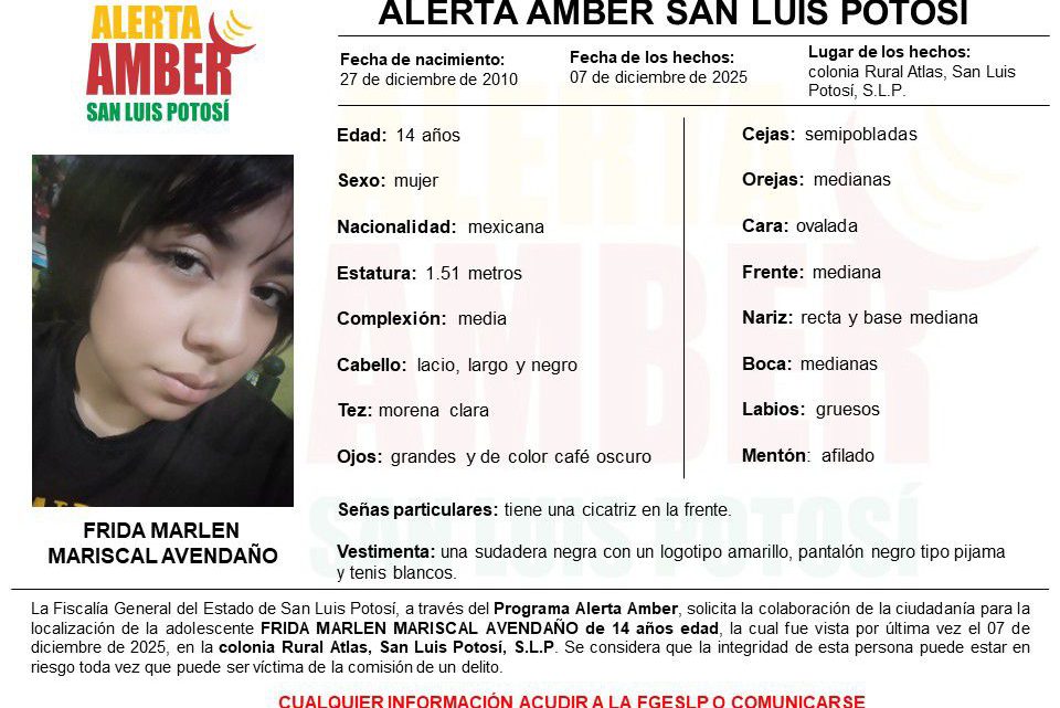 FISCALÍA DE SLP ACTIVA ALERTA AMBER PARA LOCALIZAR A UNA ADOLESCENTE DE 14 AÑOS