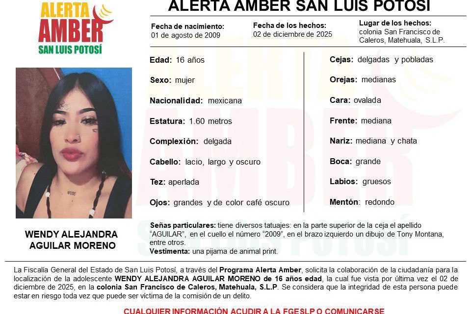 FISCALÍA INICIA ALERTA AMBER PARA LOCALIZAR A UNA JOVEN EN EL ALTIPLANO POTOSINO