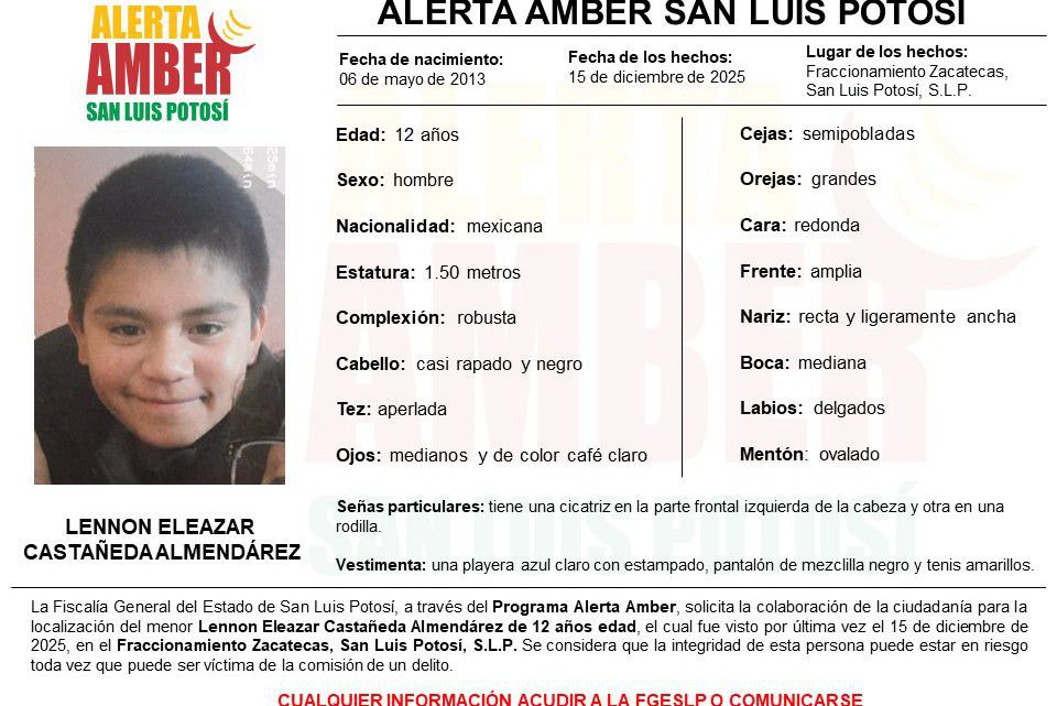 FISCALÍA INICIA ALERTA AMBER PARA LOCALIZAR A UN ADOLESCENTE EN LA CAPITAL POTOSINA