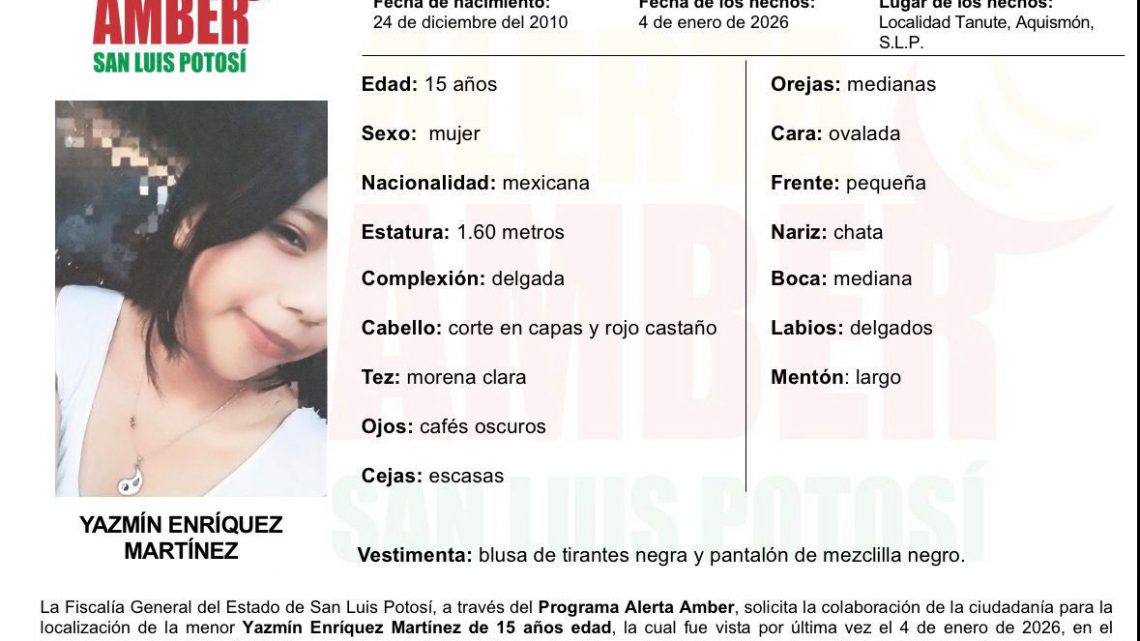 PERSONAL DE FISCALÍA INICIA ALERTA AMBER PARA LA BÚSQUEDA DE UNA ADOLESCENTE EN LA HUASTECA POTOSINA