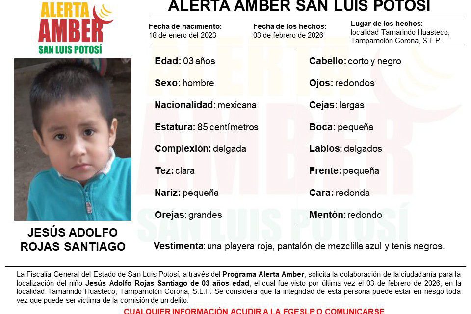 FGESLP INICIA ALERTA AMBER PARA LOCALIZAR A UN NIÑO EN TAMPAMOLÓN CORONA