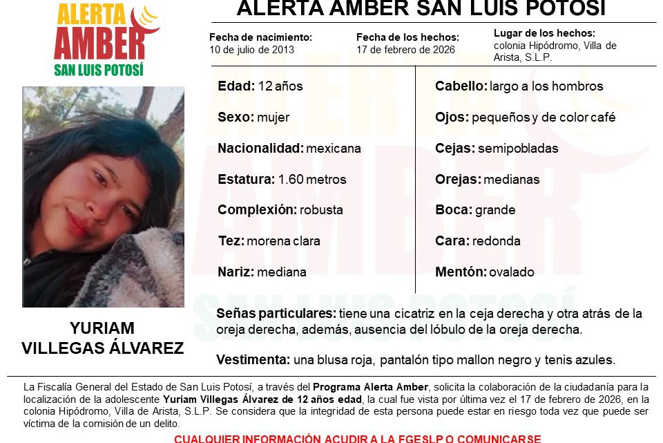 FISCALÍA INICIA ALERTA AMBER PARA LOCALIZAR A UNA ADOLESCENTE EN VILLA DE ARISTA