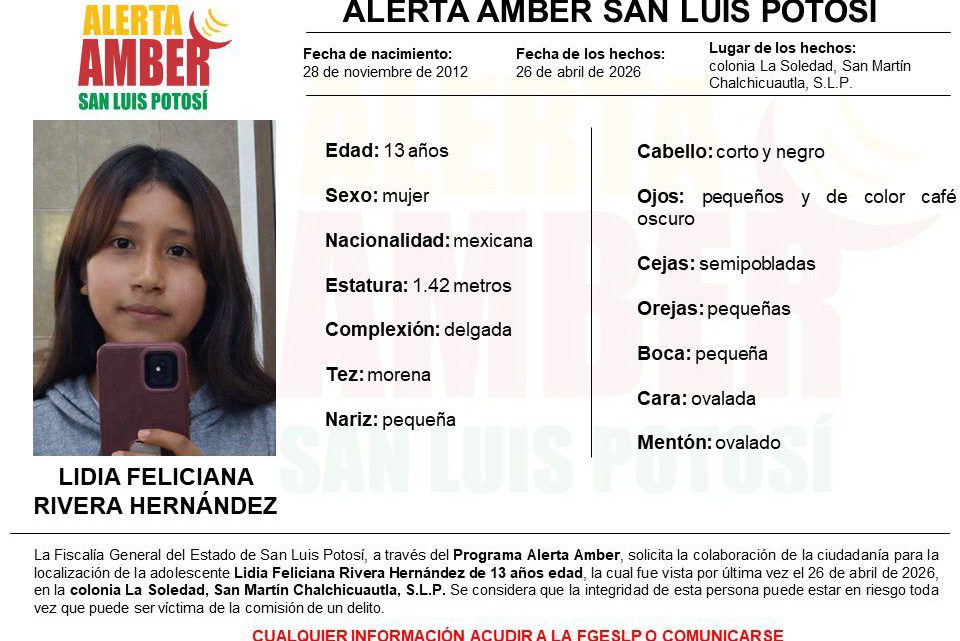 FGESLP INICIA ALERTA AMBER PARA LOCALIZAR A ADOLESCENTE DE 13 AÑOS EN SAN MARTÍN CHALCHICUAUTLA